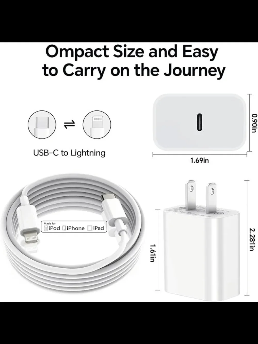 3pk 6ft iPhone Fast Charger 20W USB-C Wall Charger Block [MFi Certified]